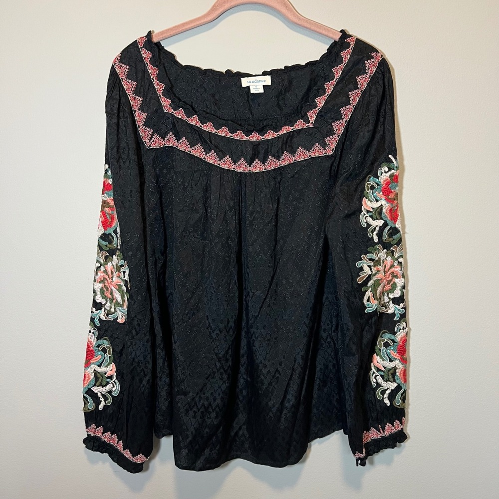 Sundance Embroidered Floral Sequin Peasant Blouse Black Viscose Small